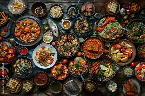 a large table filled with lots of different food dishes and spoons