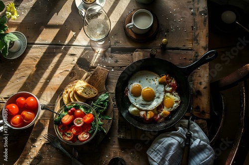 a pan with eggs and tomatoes and bread on a table