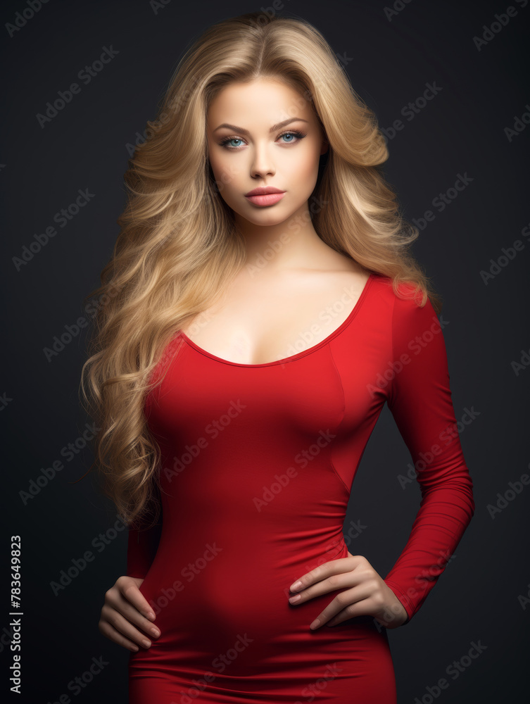 A woman with long blonde hair wearing a form-fitting red dress strikes a confident pose against a dark background, showcasing her elegance and style in a studio setting A woman with long blonde hair wearing a form-fitting red dress strikes a confident pose against a dark background, showcasing her elegance and style in a studio setting