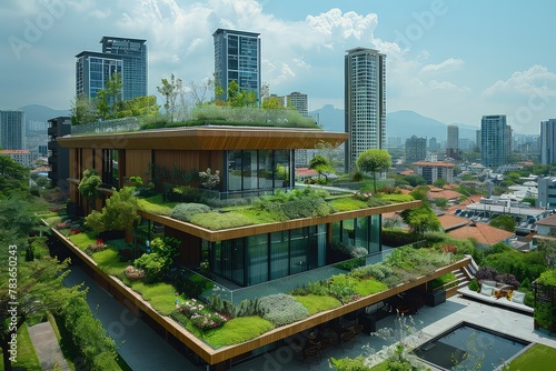 Eco-friendly urban district with green rooftops. A sanctuary in the midst of bustling city life, where green rooftops offer respite and tranquility.