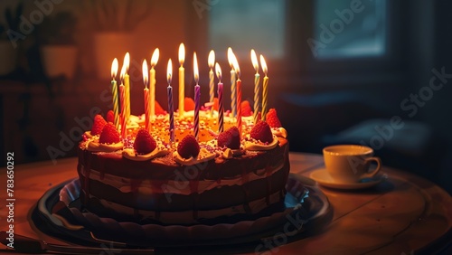 Birthday cake with strawberry and lit up candles in the dark room © kukichart