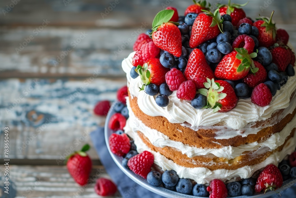 Fruity Angel cake dessert with berries. Plate with delicious sponge bakery dessert. Generate ai Fruity Angel cake dessert with berries. Plate with delicious sponge bakery dessert. Generate ai