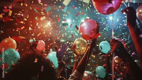 Paty at the nightclub with confetti and balloons flying around