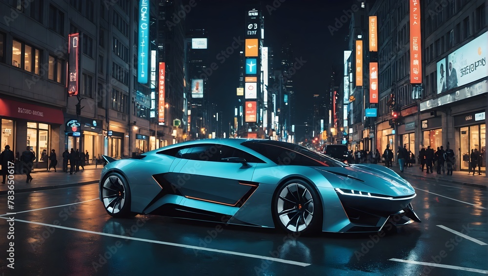Beautiful Futuristic Car Neon City