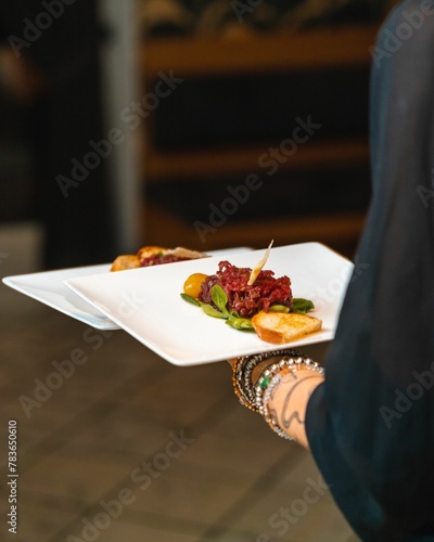 Vertical shot of a person holding a plate of beef tartare against the isolated background photo