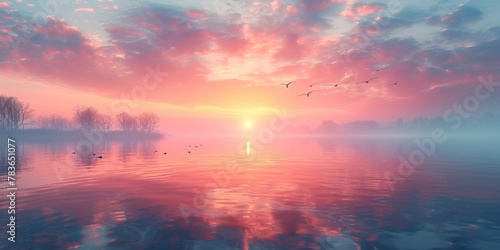 A image of a serene morning sunrise over a tranquil lake, with colorful hues reflecting on the water's surface and birds flying overheads #783651077