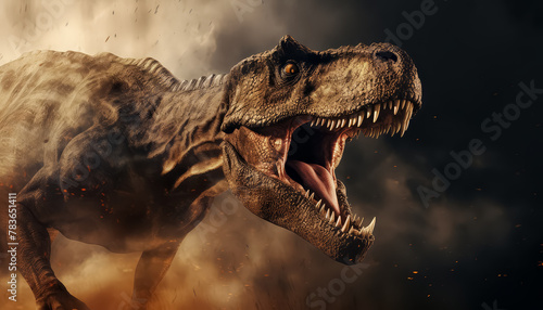 A large T-Rex is shown in a scene of dust and debris  with its mouth open