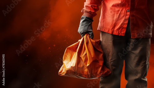 A man in an orange jumpsuit is holding a red bag