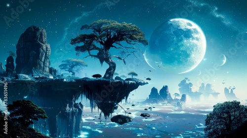 A mysterious alien landscape with floating islands and bioluminescent flora, under a dual-moon night.