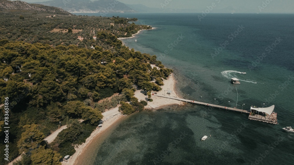Obraz premium Aerial view of a white wand beach surrounde by trees