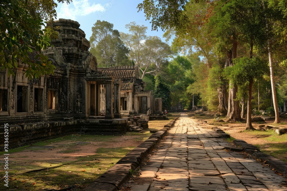 Obraz premium Detailed Angkor wat temple illustration. Asia ruin architecture monument face. Generate Ai