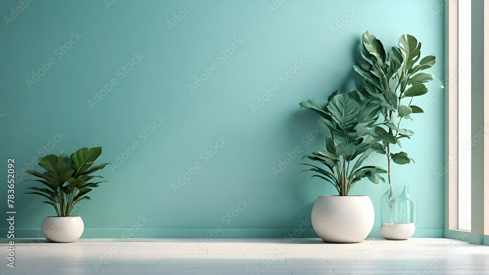 Modern style empty blue room with wood laminate floor window sun light effect with a green plant next to a dark luxurious curtain on the left and white door on the right. 3d illustration. generative a