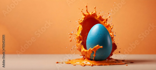Easter Egg With Colorful Paint Splash Explosion Isolated On orange  Background - Generative AI
