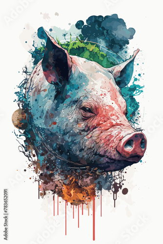 Pig Design In Watercolor Style. Farm Animal In Nature.