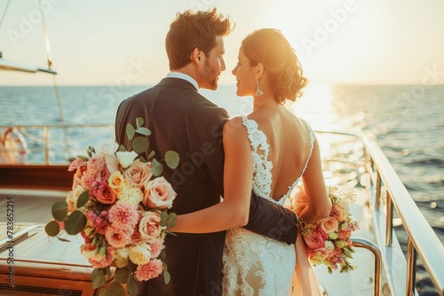 Newlyweds Embracing on Yacht at Sunset. Bride and groom wedding on a luxury modern yacht
