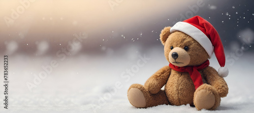 Lovely knitted toy bear cute Christmas background, copy free space. Sweet seasonal greeting card.generative by ai...