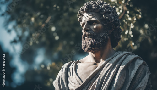 A statue of a bearded man wearing a red robe