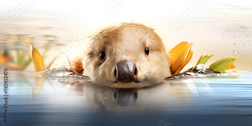  A cute otter in water with a blue sky background ,A cartoon otter swimming in the water,  A Playful Sea Otters Face Peeking Out of the Water background
