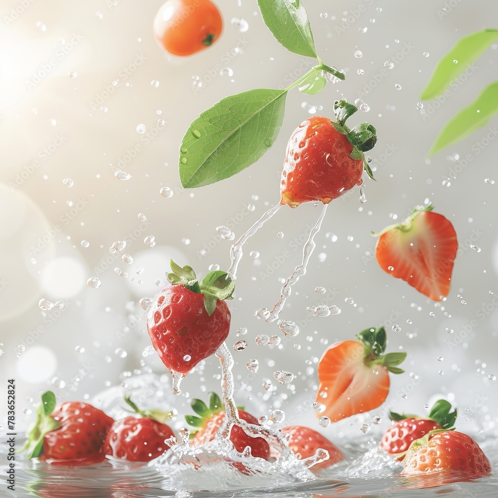 Strawberries and leaves suspended in mid air with water droplets. Strawberries and leaves suspended in mid air with water droplets.