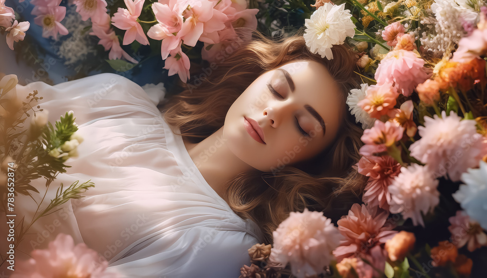 A woman is sleeping in a bed of flowers