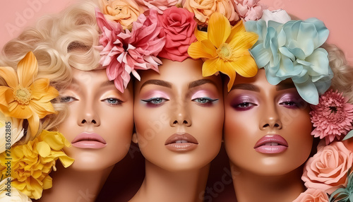Three women with colorful makeup and flower headpieces photo