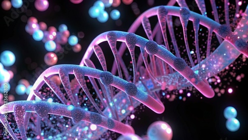 Abstract DNA and blue pink glowing particles background
