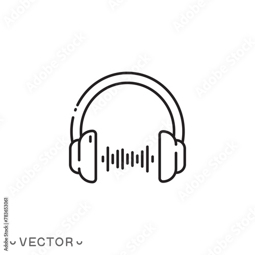 headphones with sound wave icon, music play thin line symbol isolated on white background, editable stroke eps 10 vector illustration