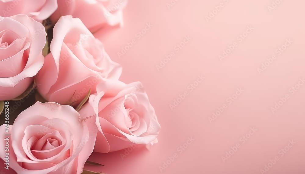 Pink roses are arranged in a row on a pink background