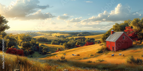 A image of a rural farmland landscape with rolling fields, barns, and grazing livestock, capturing the beauty of agricultural lifer photo