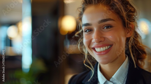 close-up portrait of a friendly pleasant beautiful young adult woman in a suit against the backdrop of a hotel or spa welcome area