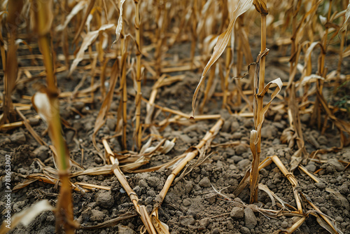 Dry and withered plants in cornfield photo