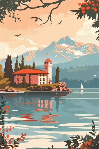 Vintage Travel Poster house on the lake, Summer holidays, vacation travel illustration