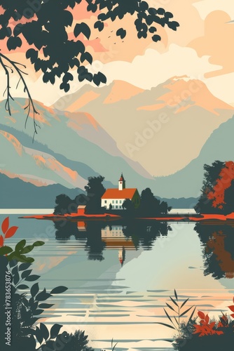Vintage Travel Poster house on the lake, Summer holidays, vacation travel illustration