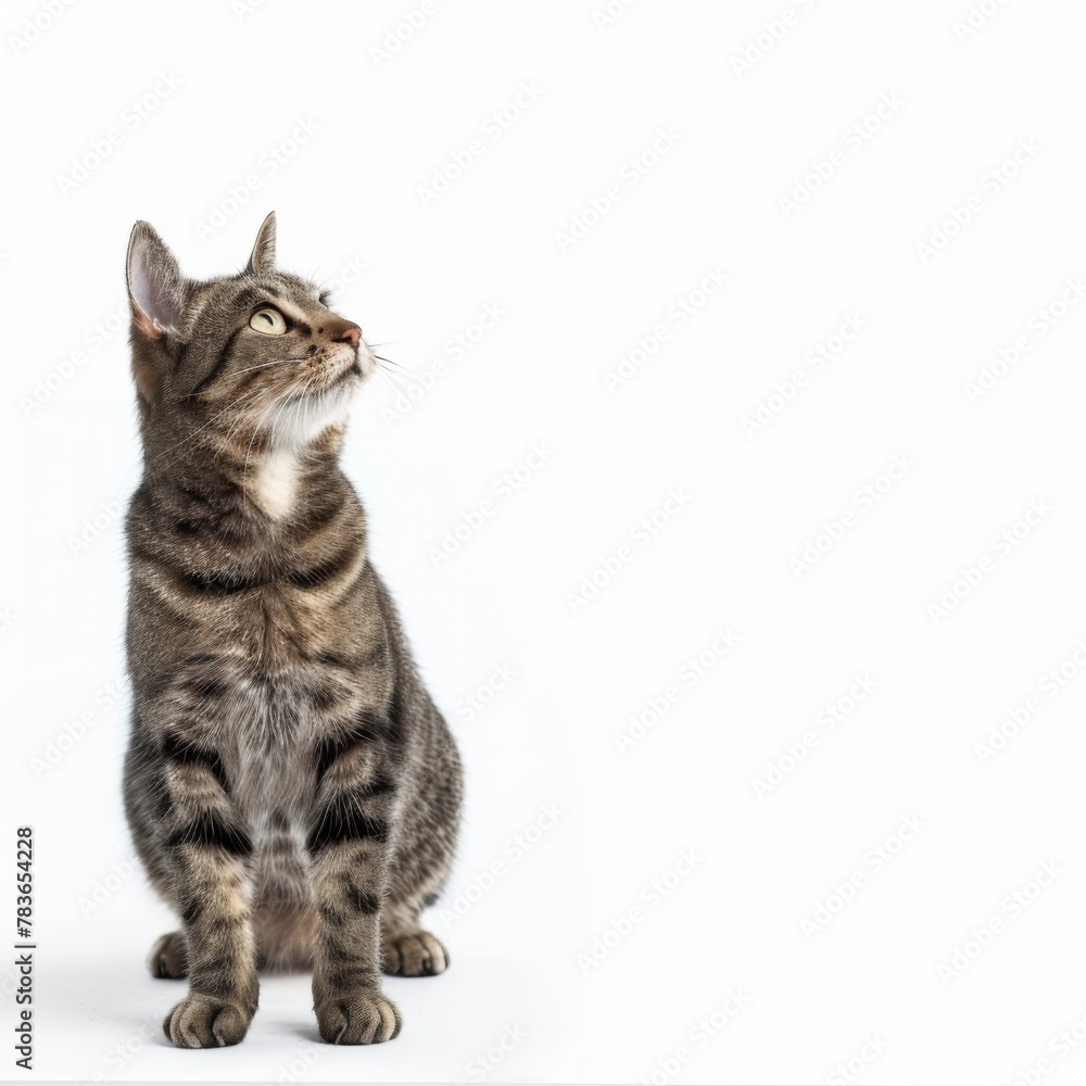 Alert Tabby Cat with Green Eyes Looking Upwards on White Background