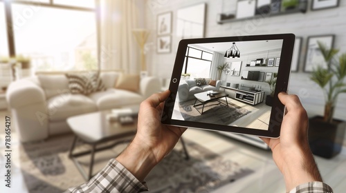 Interior Design Software Used to Select 3D Furniture for Home Decor by Man Using Digital Tablet. photo