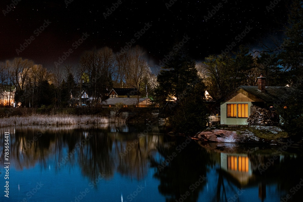 Beautiful shot of a lake reflecting the environment during the nighttime Beautiful shot of a lake reflecting the environment during the nighttime