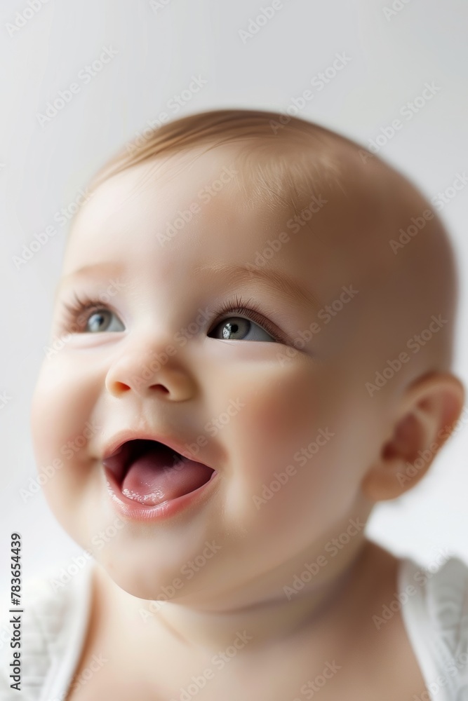 White baby close up, smile and open mouth. The background is white. White baby close up, smile and open mouth. The background is white.