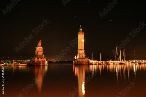 Famous harbor entry of Lindau at lake of Constance at a starry night