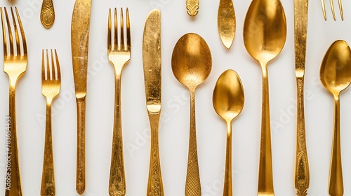 Elegant golden silverware on a plain surface, seen from top.