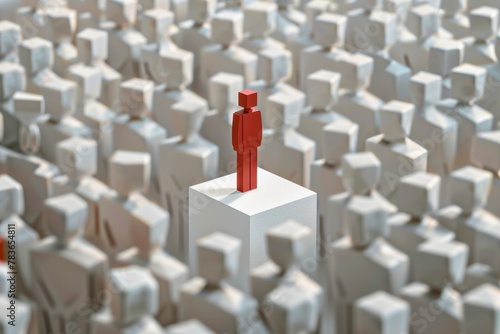 A lone red figure stands atop a white pedestal, surrounded by a multitude of uniform white figures, illustrating individuality and uniqueness among the crowd photo