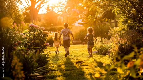 A playful chase through a garden after a summer shower  the setting sun casting a golden light on the joyous family moment.