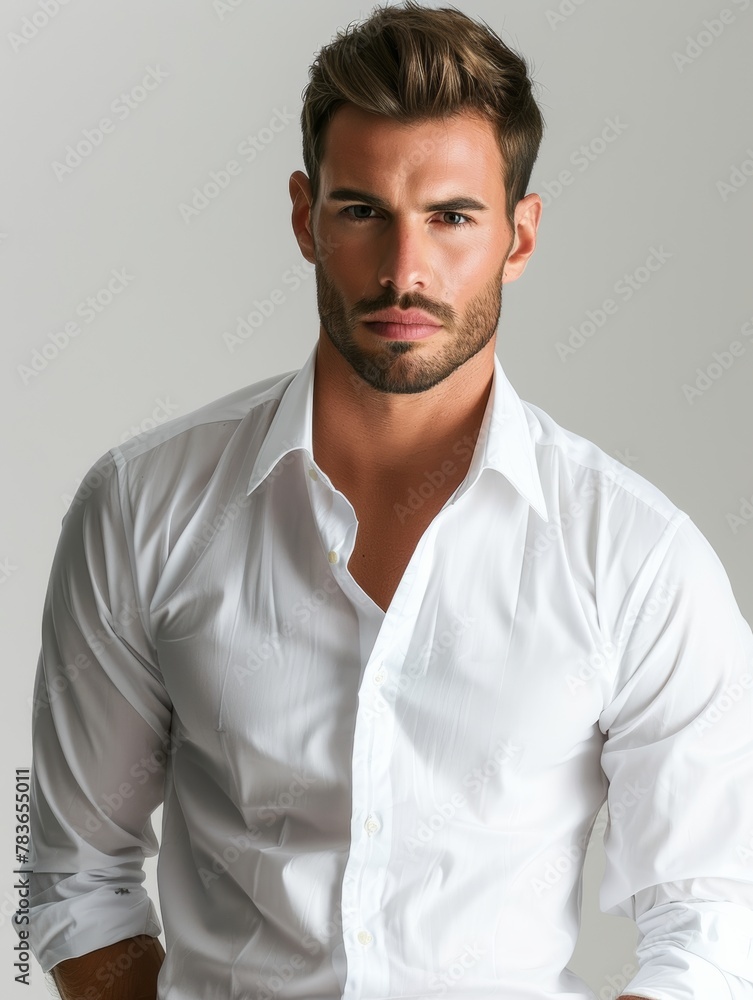 Handsome male model, brutal, 35 year old, short hair, millionaire businessman, In the white shirt Handsome male model, brutal, 35 year old, short hair, millionaire businessman, In the white shirt