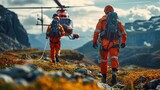 Two emergency medical technicians with protective gear and mountaineering gear hurrying towards helicopter air ambulance. Topics include saving, aid, and optimism.