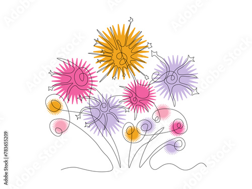 Abstract fireworks. Logo, continuous single line art hand drawing sketch