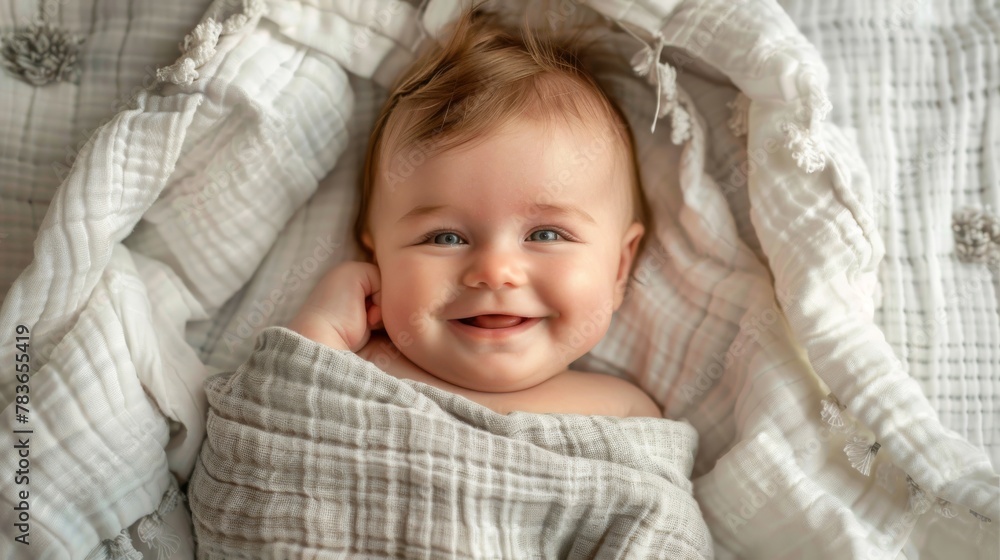 Photo funny baby smiling and lying on a white bedding at home Photo funny baby smiling and lying on a white bedding at home