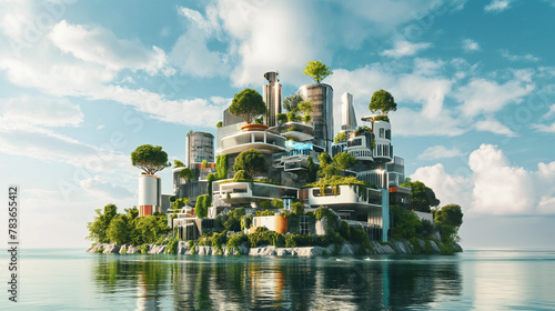 Sustainable Futuristic City Island Standing in the Open Sea. Climate Change, Ocean Level Rise, Environment. Innovation, Green Technology, Modern Urban Architecture, Renewable Energy. Eco High Tech. © Mariko