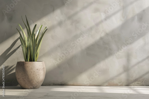 Minimalistic abstract light grey wall background for product presentation with sunlight shadow and sansevierija plant on the floor