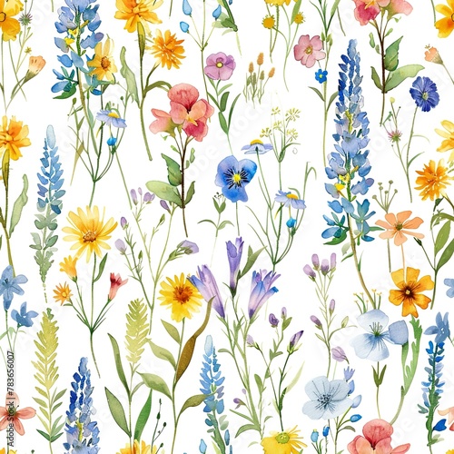 Wildflowers meadow, seamless pattern, watercolor, natural and whimsical. Seamless pattern, Fabric Pattern, Tumbler Wrap, Mug Wrap. 