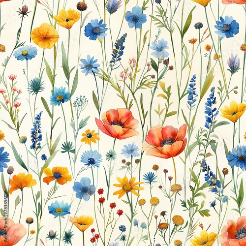Wildflowers meadow, seamless pattern, watercolor, natural and whimsical . Seamless pattern, Fabric Pattern, Tumbler Wrap, Mug Wrap. 