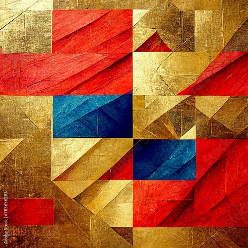 Colorful abstract geometric with pattern and gold, red and blue squares